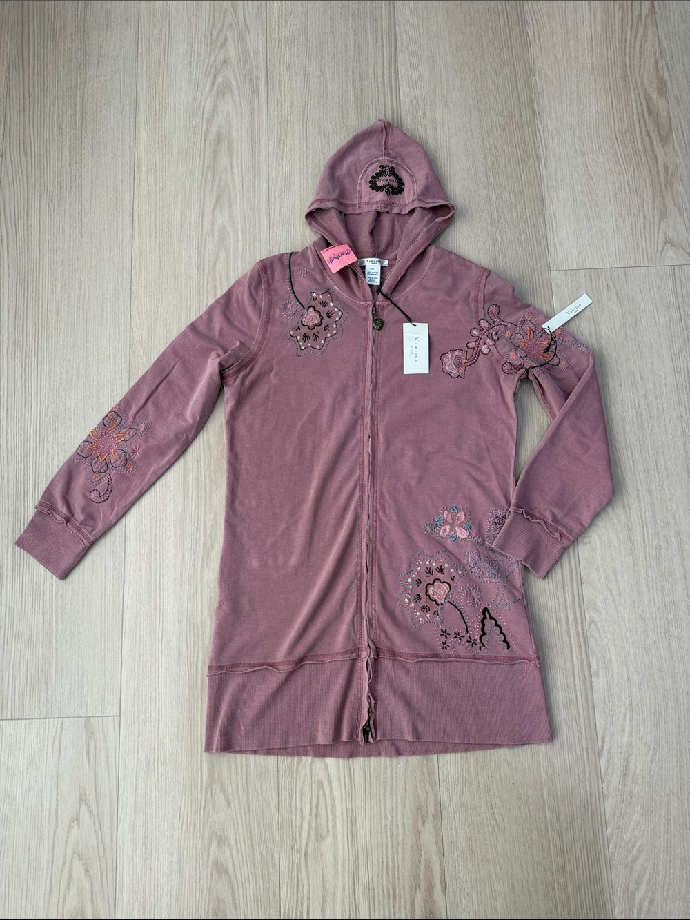 NWT Vertigo Paris XL Embroidered Long Zip Hoodie Mauve Boho Y2K Jacket